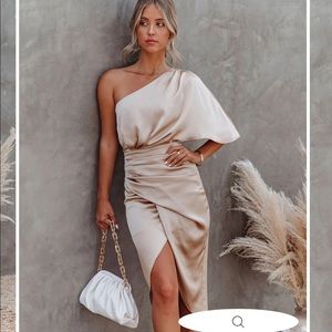 Satin Champagne-Taupe One Shoulder Dress